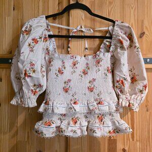 NWT V. CHAPMAN LEILANI SMOCKED SHORT SLEEVE TOP IN NATURAL DAINTY FLORALS SIZE 2